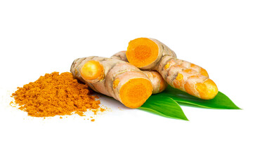 Poster - Tumeric rhizome with green leaf and pile of turmeric powder isolated on white background.