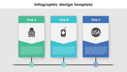 Sticker - Set Rocket launch from the spaceport, Soda can with straw and USA label. Business infographic template. Vector.