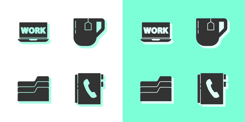 Sticker - Set Address book, Laptop with text work, Document folder and Cup of tea tea bag icon. Vector.