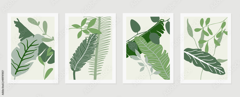 Abstract art nature background vector. Modern shape line art wallpaper. Boho foliage botanical tropical leaves and floral pattern design for home deco, wall art, social media post and story background - obrazy, fototapety, plakaty 