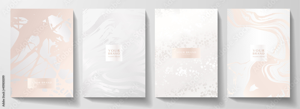 Modern pearl cover design set. Creative fashionable background with light abstract marble pattern. Elegant trendy vector collection for catalog, brochure template, magazine layout, beauty booklet - obrazy, fototapety, plakaty 