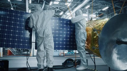 Wall Mural - Engineer and Technician in Protective Suits Working on Satellite Construction. Aerospace Agency: Team of Scientists Fixing Solar Panel Wings to Spacecraft. International Space Exploration Mission