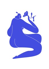 Fototapete - Matisse-inspired contemporary poster with abstract female figure smelling flower. Modern vertical wall art with silhouette of woman. Flat vector illustration for printing and interior decoration