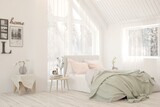 Fototapeta  - White bedroom interior. Scandinavian design. 3D illustration