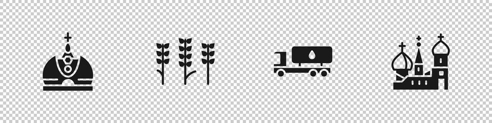 Sticker - Set King crown, Wheat, Tanker truck and Saint Basil's Cathedral icon. Vector.