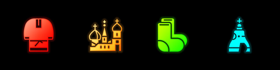 Sticker - Set Kosovorotka, Saint Basil's Cathedral, Valenki and The Tsar bell icon. Vector.