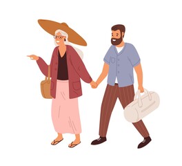 Wall Mural - Love couple of people holding hands and walking. Man and woman of different ages traveling together. Old and young tourists. Colored flat vector illustration of travelers isolated on white background