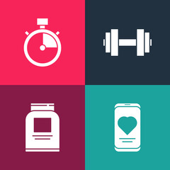 Sticker - Set pop art Mobile with heart rate, Sports nutrition, Dumbbell and Stopwatch icon. Vector.