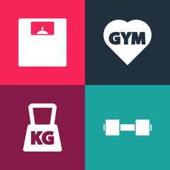 Sticker - Set pop art Dumbbell, Weight, Fitness gym heart and Bathroom scales icon. Vector.