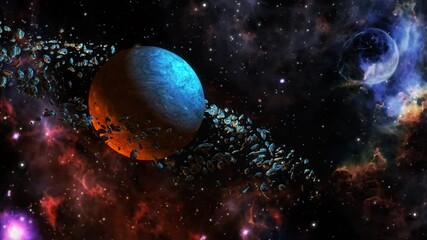 Wall Mural - 4k cgi animation belt of asteroids orbiting around an alien planet floating in space 4k