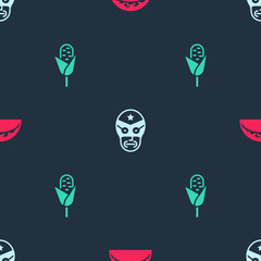 Sticker - Set Taco with tortilla, Mexican wrestler and Corn on seamless pattern. Vector.