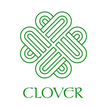 Logotipo Abstracto Con Texto CLOVER Con Corazones Con Forma De Trébol Lineal Entrelazado De 4 Hojas En Color Verde	