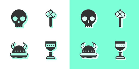 Sticker - Set Medieval goblet, Human skull, Viking in horned helmet and Stone age hammer icon. Vector.