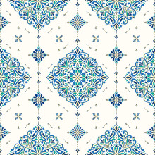 Blue And Gold Luxury Seamless Pattern On A White Background. Vector Ornament Template. Traditional Turkish, Indian Motifs. Great For Fabric And Textile, Wallpaper, Packaging Or Any Desired Idea.