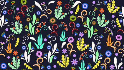 Wall Mural - A seamless pattern of fantasy flowers on a black background