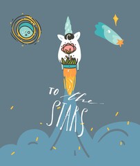 Hand drawn vector abstract graphic creative cartoon illustrations poster background with astronaut unicorns spaceship with flowers,and handwritten calligraphy To the stars isolated on blue background