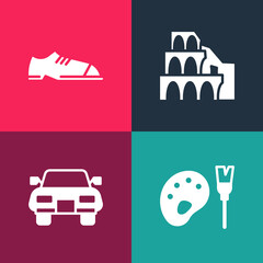 Wall Mural - Set pop art Paint brush with palette, Car, Coliseum Rome and Men shoes icon. Vector.