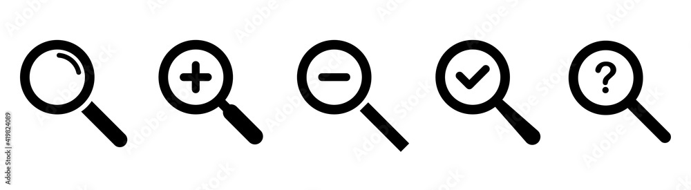 Magnifying glass icons with plus, minus, check mark and question mark ...