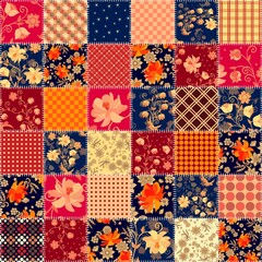 Wall Mural - Cute seamless patchwork pattern with flowers and geometric ornaments in warm colors