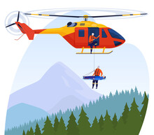Rescue Helicopter. Rescuers Rescue A Man In The Mountains. Vector Illustration.