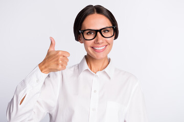 Sticker - Photo of optimistic brunette hairdo lady show thumb up wear shirt isolated on grey color background