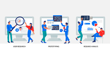 Software testing and user experience research banners set with developers characters. User experience, prototyping and web development, flat vector illustration isolated.