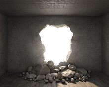 Destroyed Concrete Wall With A Hole And The Fallen Stones, 3d Illustration