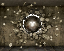Destroyed Old Concrete Wall With Wrecking Ball And The Pieces Flight, 3d Illustration