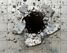 A Hole In The Wall With Flying Pieces, Big And Small, 3d Illustration
