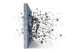 Concrete Wall On A White Background Shatters Into The Pieces, 3d Illustration