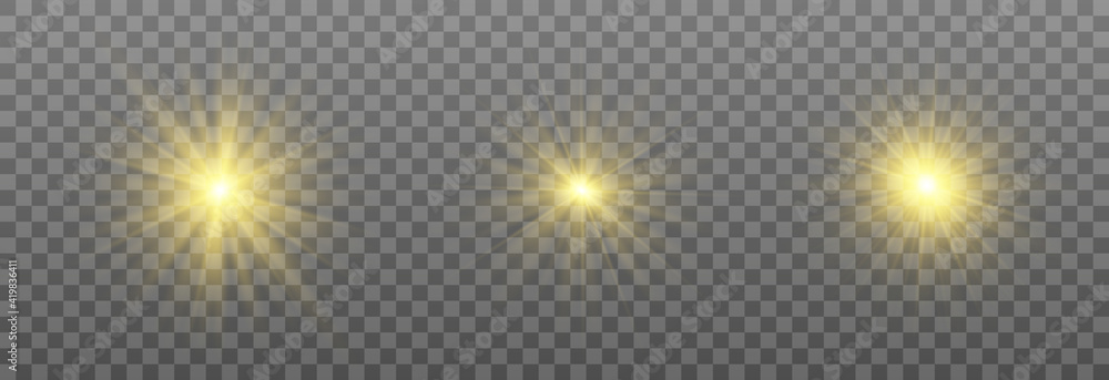 Special design of sunlight or light effect. Star, sun or spotlight beams. Bright flash. Light PNG. Decor element. Vector illustration for decorating. Isolated transparent background. - obrazy, fototapety, plakaty 