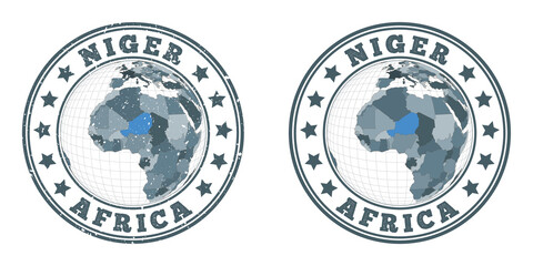 Wall Mural - Niger round logos. Circular badges of country with map of Niger in world context. Plain and textured country stamps. Vector illustration.