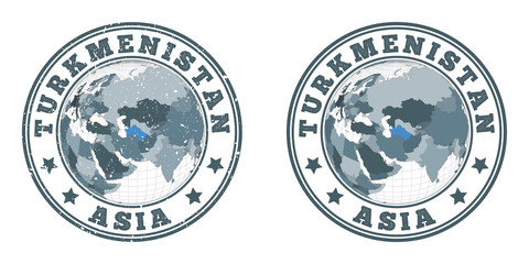 Wall Mural - Turkmenistan round logos. Circular badges of country with map of Turkmenistan in world context. Plain and textured country stamps. Vector illustration.