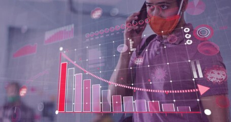 Poster - Animation of statistics recording and covid 19 cells over man using smartphone wearing face mask