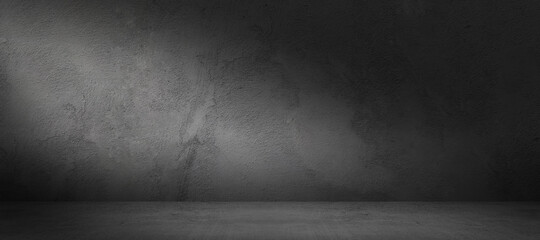 Wall Mural - dark concrete background, thee dimensional room with stone wall and cement floor. product display or