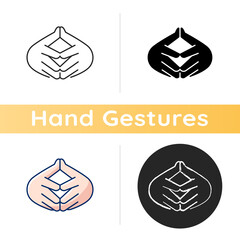 Poster - Steeple hand gesture icon. Feel confident about what is going on. Self confidence. Finger-tips touching each other. Linear black and RGB color styles. Isolated vector illustrations