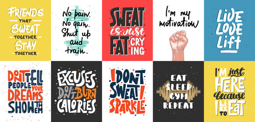Wall Mural - Set of 10 motivational and inspirational lettering posters, decoration, prints, t-shirt design for sport, gym or fitness.