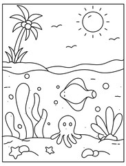 Wall Mural - 
A beach colour page vector in hand drawn design

