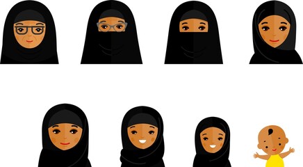 Set of age group arabic avatars in colorful style. Generations female woman.All age group of arab woman. Stages of development people - infancy, childhood, youth, maturity, old age. 
