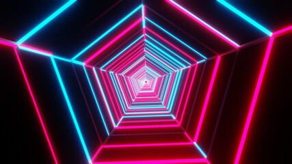 Wall Mural - 3d illustration graphic of beautiful red and blue color neon lighting pentagon shape tunnel seamless