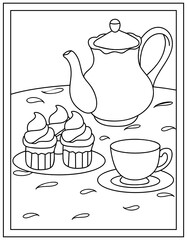 Poster - 
Tea with cupcakes, colouring page of tea snacks

