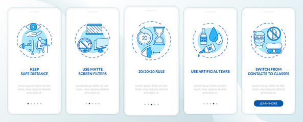 Digital eyestrain prevention tips onboarding mobile app page screen with concepts. Use matte screen filters walkthrough 5 steps graphic instructions. UI vector template with RGB color illustrations