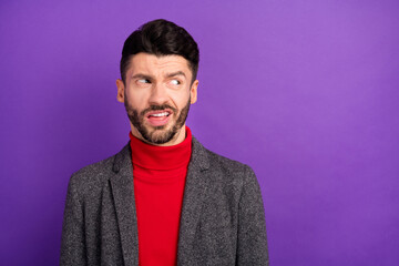 Sticker - Photo of unhappy nice brown hair man look empty space wear red sweater jacket isolated on vivid purple color background