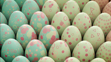 Multicolored, Easter Egg Background. Beautiful Pale Green, Pale Blue And Red Eggs With Spotted And Triangle Patterns. 3D Render
