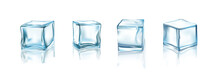 Blue Ice Cubes Set. Cold Frozen Fresh Water In Square Shape Vector Illustration. Four Realistic Crystal Block Pieces For Cocktails, Refrigerator On White Horizontal Background