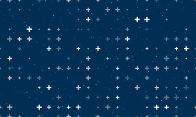 Seamless background pattern of evenly spaced white plus symbols of different sizes and opacity. Vector illustration on dark blue background with stars