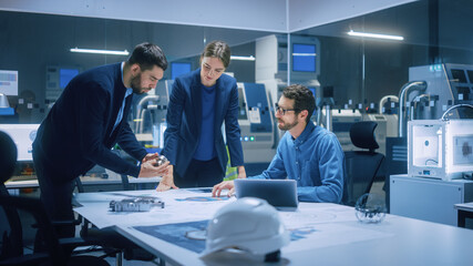Poster - Modern Factory Office Meeting Room: Diverse Team of Engineers, Managers Talking at Conference Table, Look at Blueprints, Inspect Mechanism, Use Laptop. High-Tech Facility with CNC Machines