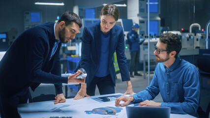 Poster - Modern Factory Office Meeting Room: Diverse Team of Engineers, Managers Talking at Conference Table, Look at Blueprints, Inspect Mechanism, Use Laptop. High-Tech Facility with CNC Machines