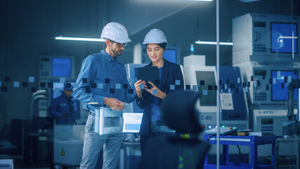 Aufkleber - Modern Factory: Female Project Manager, Male Engineer Standing in High Tech Development Facility, Talking and Using Tablet Computer. Contemporary Facility with CNC Machinery, Robot Arm Production Line