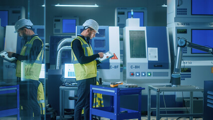 Aufkleber - Modern Factory: Professional Engineer Wearing Safety Vest and Hardhat, Uses Industrial Digital Tablet to Program and Manipulate Robot Arm, Optimizing Production Line. Workshop with CNC Machinery